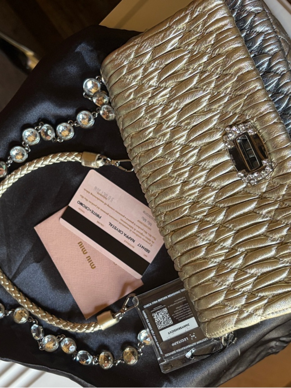 Miu Miu Metallic Gold Quilted Nappa leather Crossbody Bag with Crystal Accent